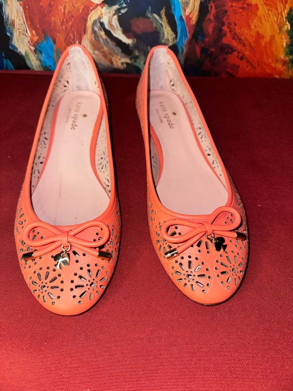 No.05 Kate Spade New York Perforated Leather Flats Size 8.5M Orange Bow